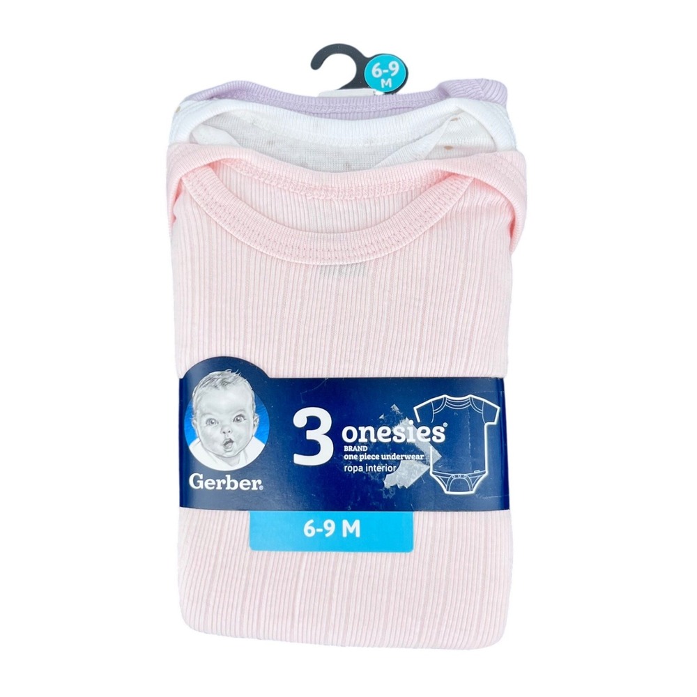 Gerber‎ Onesies Bodysuits Baby Girl 6-9M Pink White Purple 3 Pack Ribbed Cotton